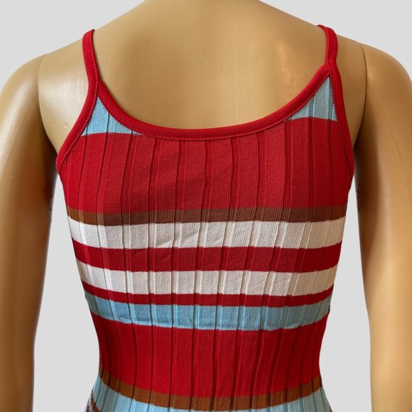 Women Ribbed Woven Bodycon Dress Small S Blue Red White Stretch Wide Stripes - Picture 7 of 15